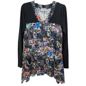 Lynn Ritchie Silver Tunic Top Size M Long Sleeves Knit Abstract Shark Bite Hem